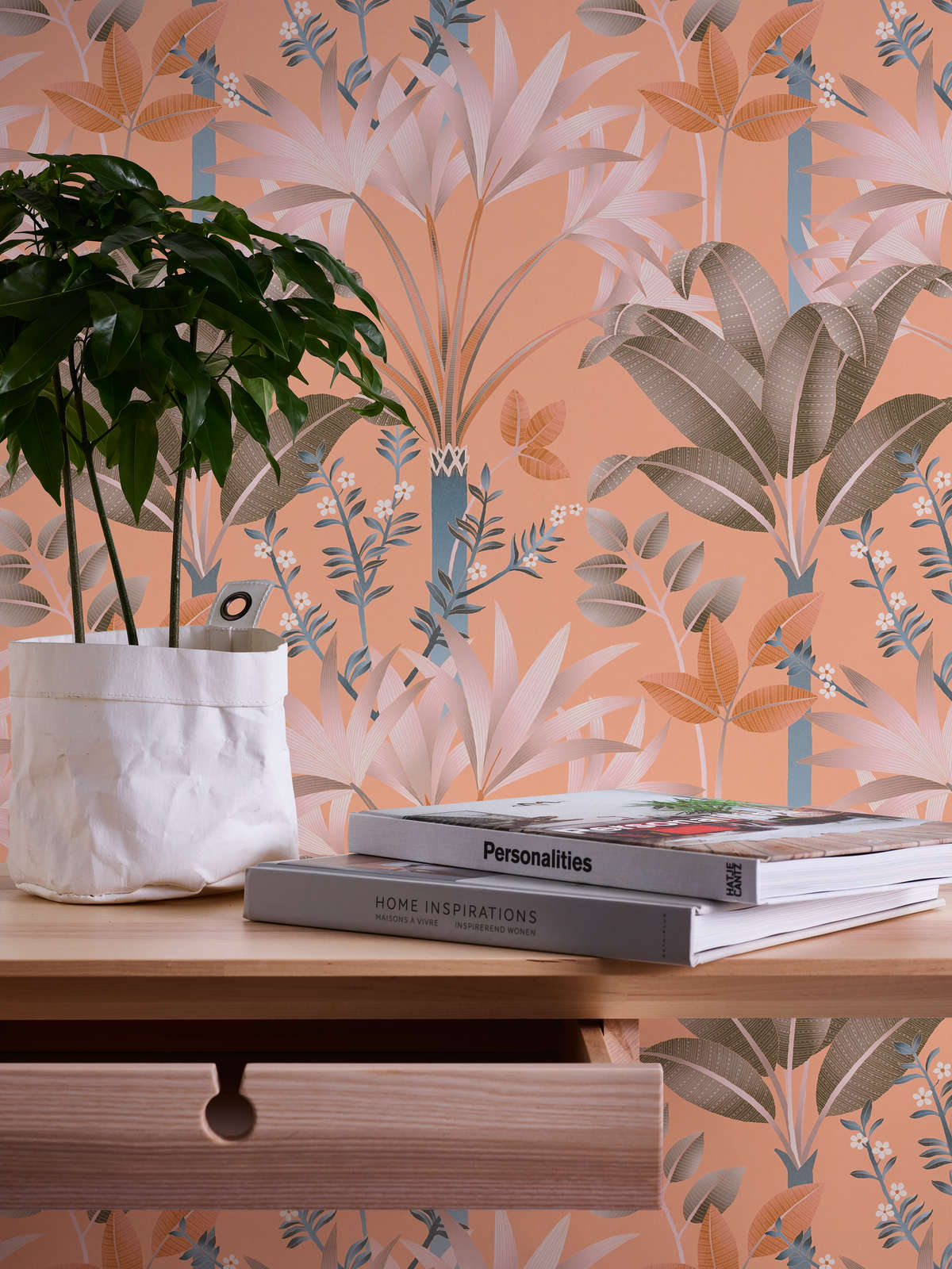             Non-woven wallpaper with leaf pattern - multicoloured, orange, blue
        