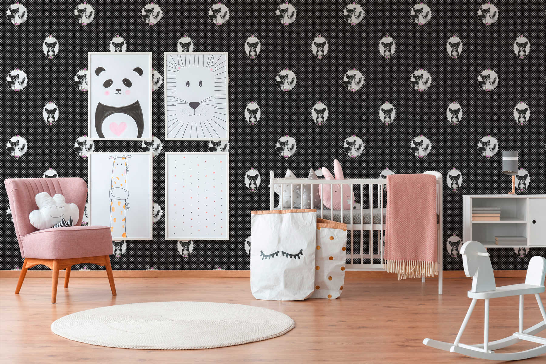             Papel pintado con lunares y cachorros para la habitación de los niños - Negro
        