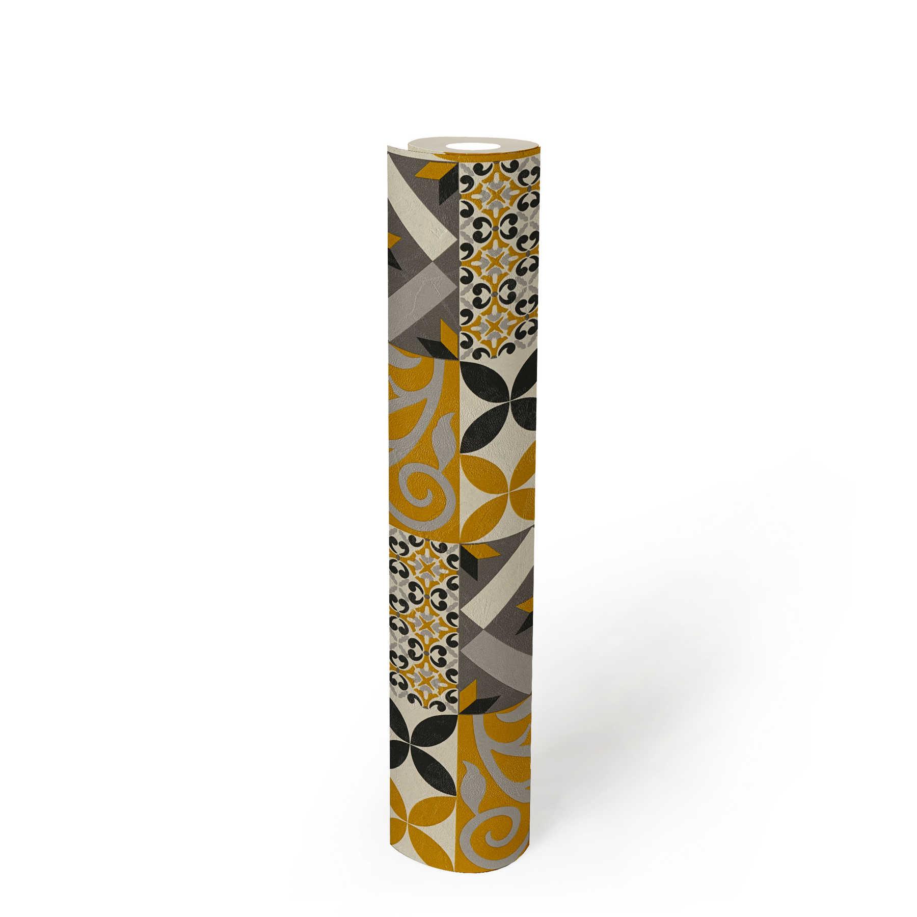             Behang Decor tegels & bloemenpatroon - zwart, geel, antraciet
        