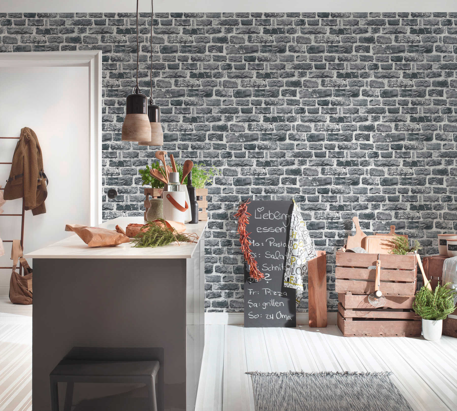             Wallpaper in stone look with quarry stones, natural stone - grey, black
        