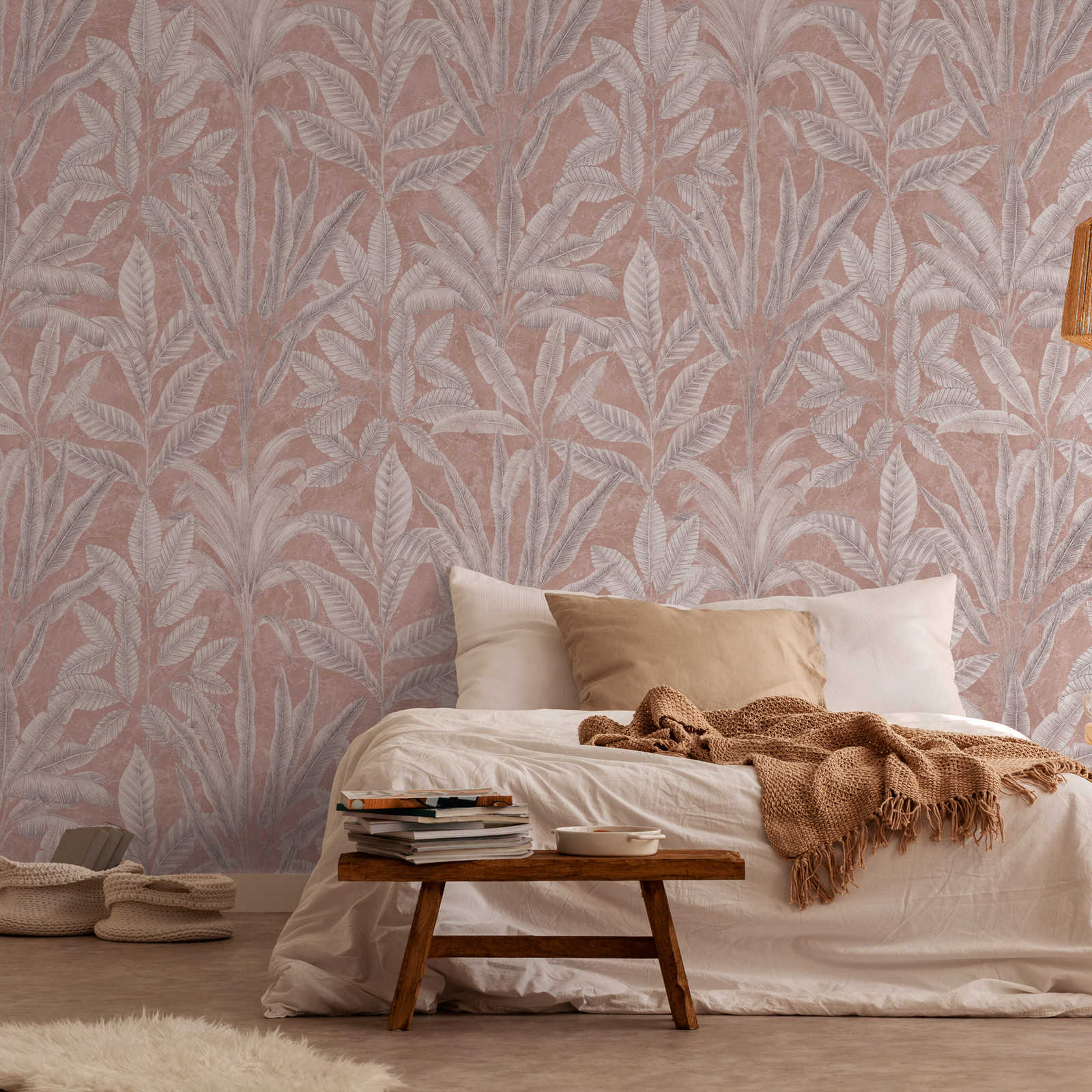 Non-woven wallpaper with large leaves in light colours - pink, grey, white
