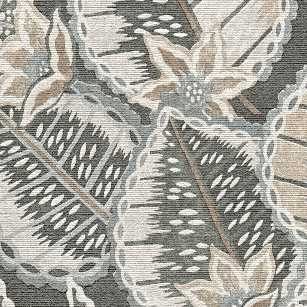            Papel pintado no tejido con motivo de hojas de aspecto abstracto - negro, marrón, gris
        