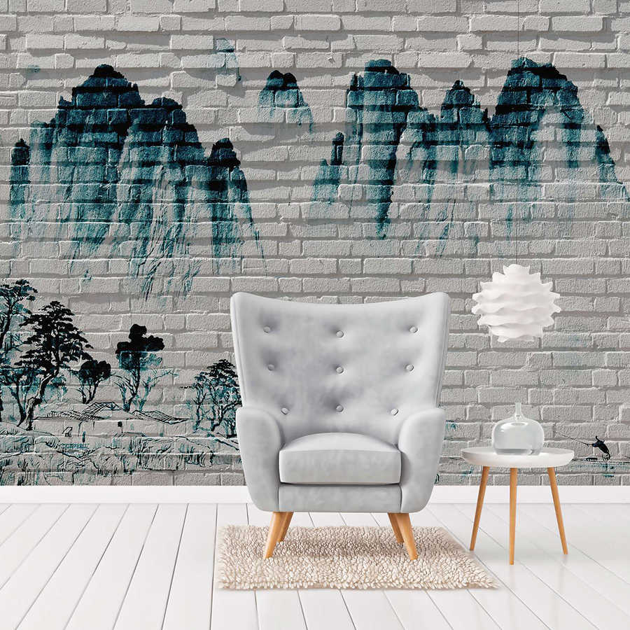 Digital behang Bergen op Bakstenen Muur - Blauw, Wit
