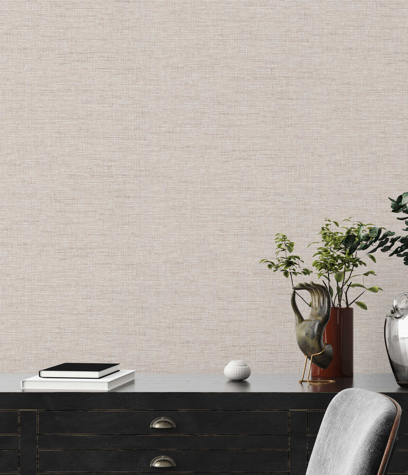             Non-woven wallpaper ethno design grey with raffia pattern
        