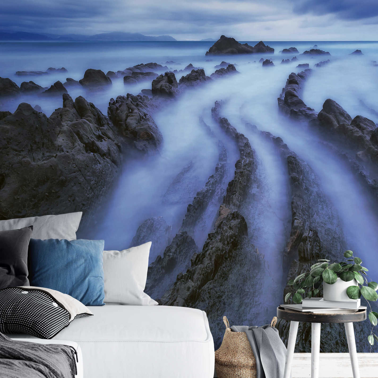             Papier peint mer avec brouillard - bleu, gris, blanc
        