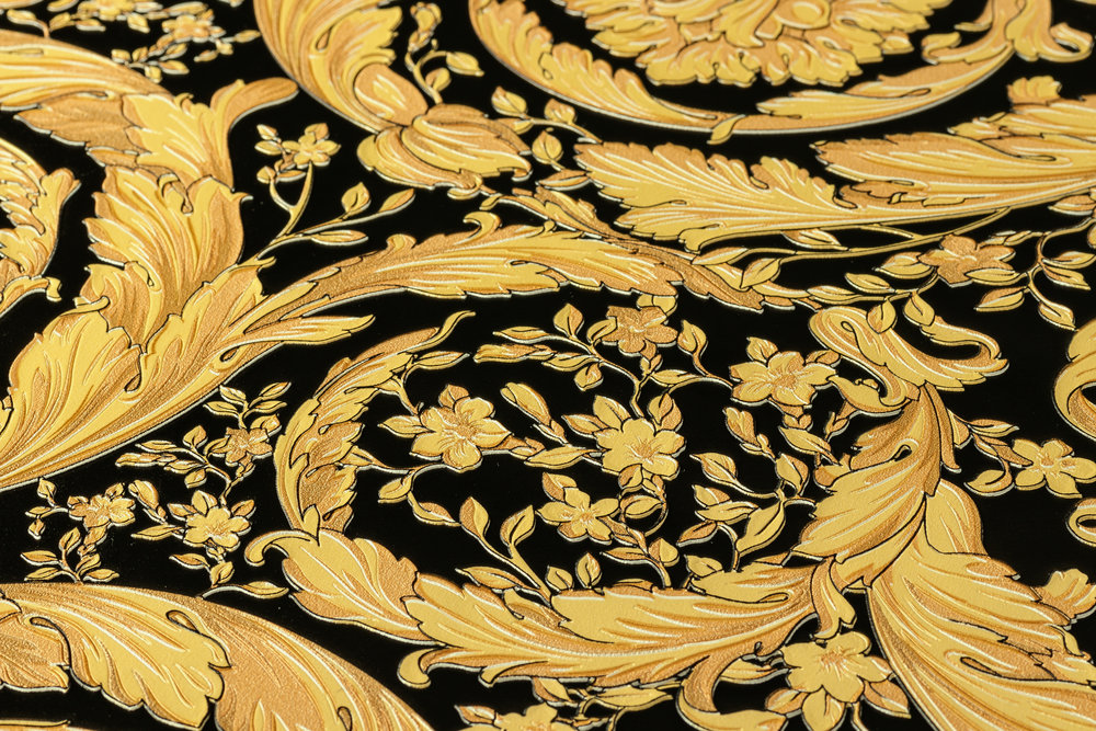 Versace Designer Baroque Satin Wallpaper Barocco Flowers 935834 Black /  Yellow Gold - Design Wallpaper - Deco Accessories | Casa Padrino
