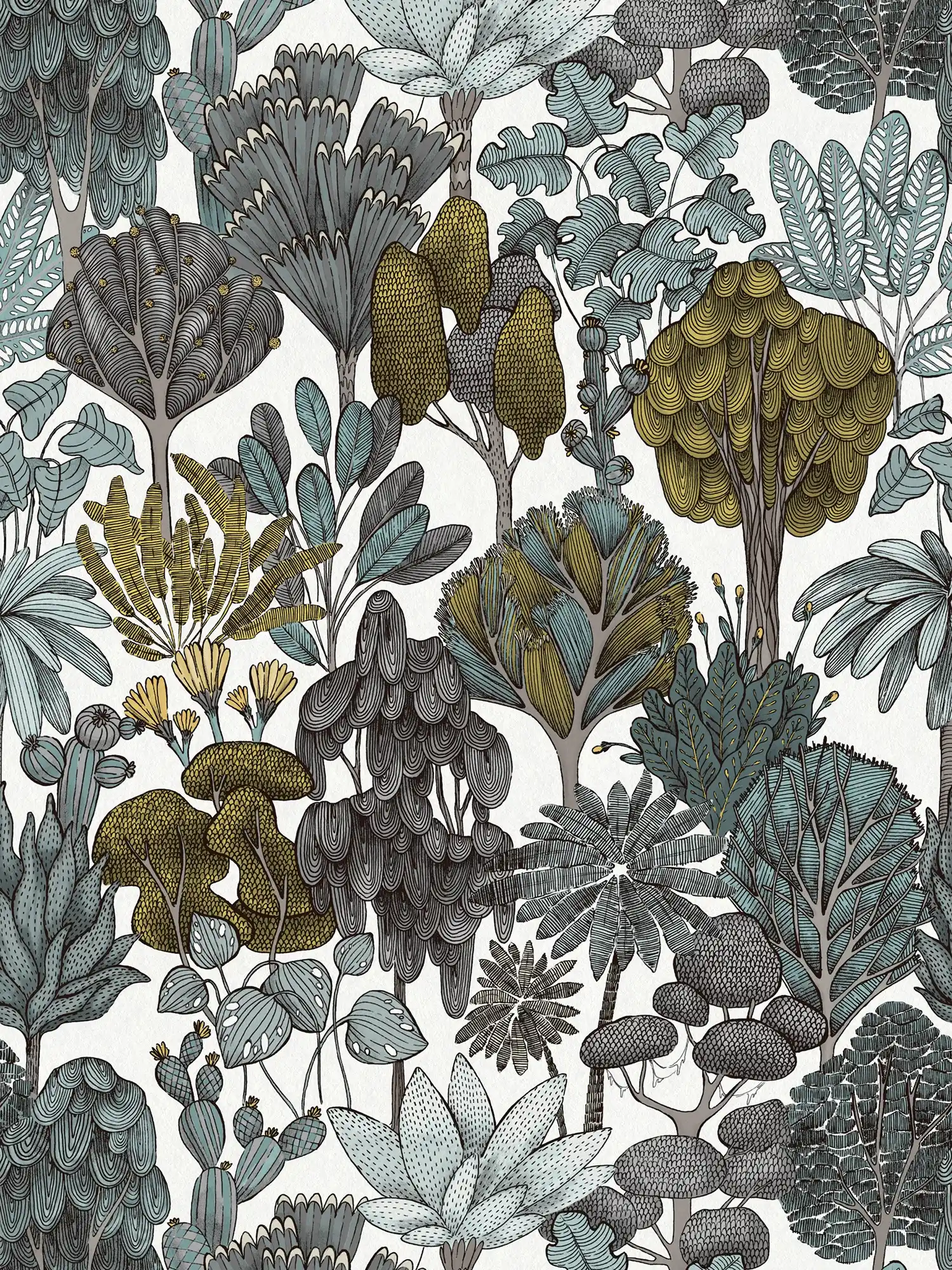 behang groen grijs bloemenpatroon doodle stijl - groen, grijs, geel
