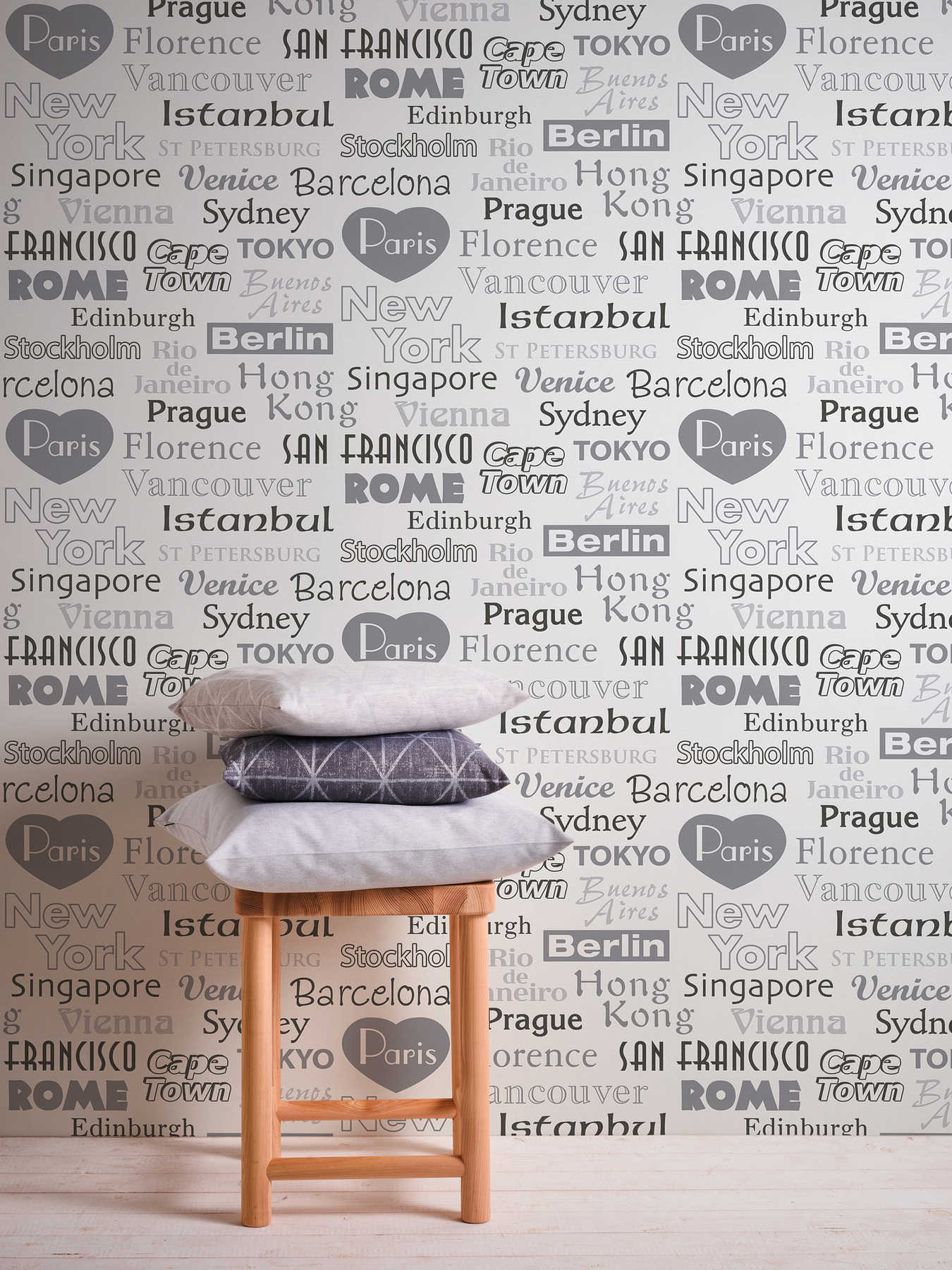             Non-woven wallpaper cities, typography & destinations- grey, brown, white
        