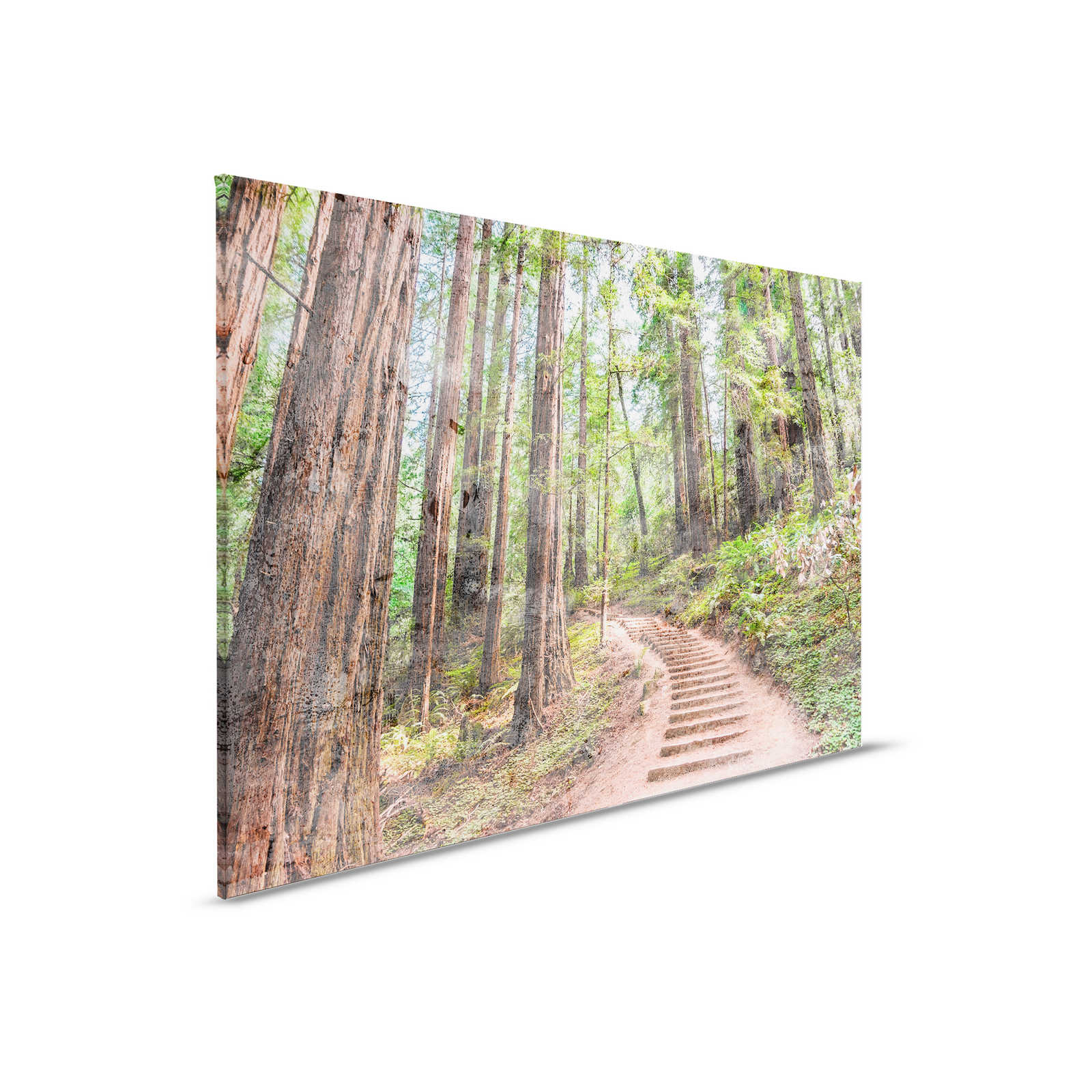 Canvas with wooden stairs through the forest | brown, green, blue - 0.90 m x 0.60 m
