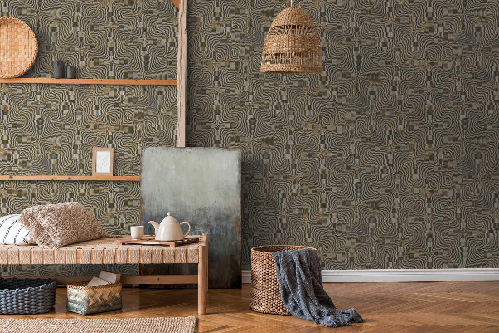             Pattern wallpaper modern plaster look with gold - beige, metallic, black
        