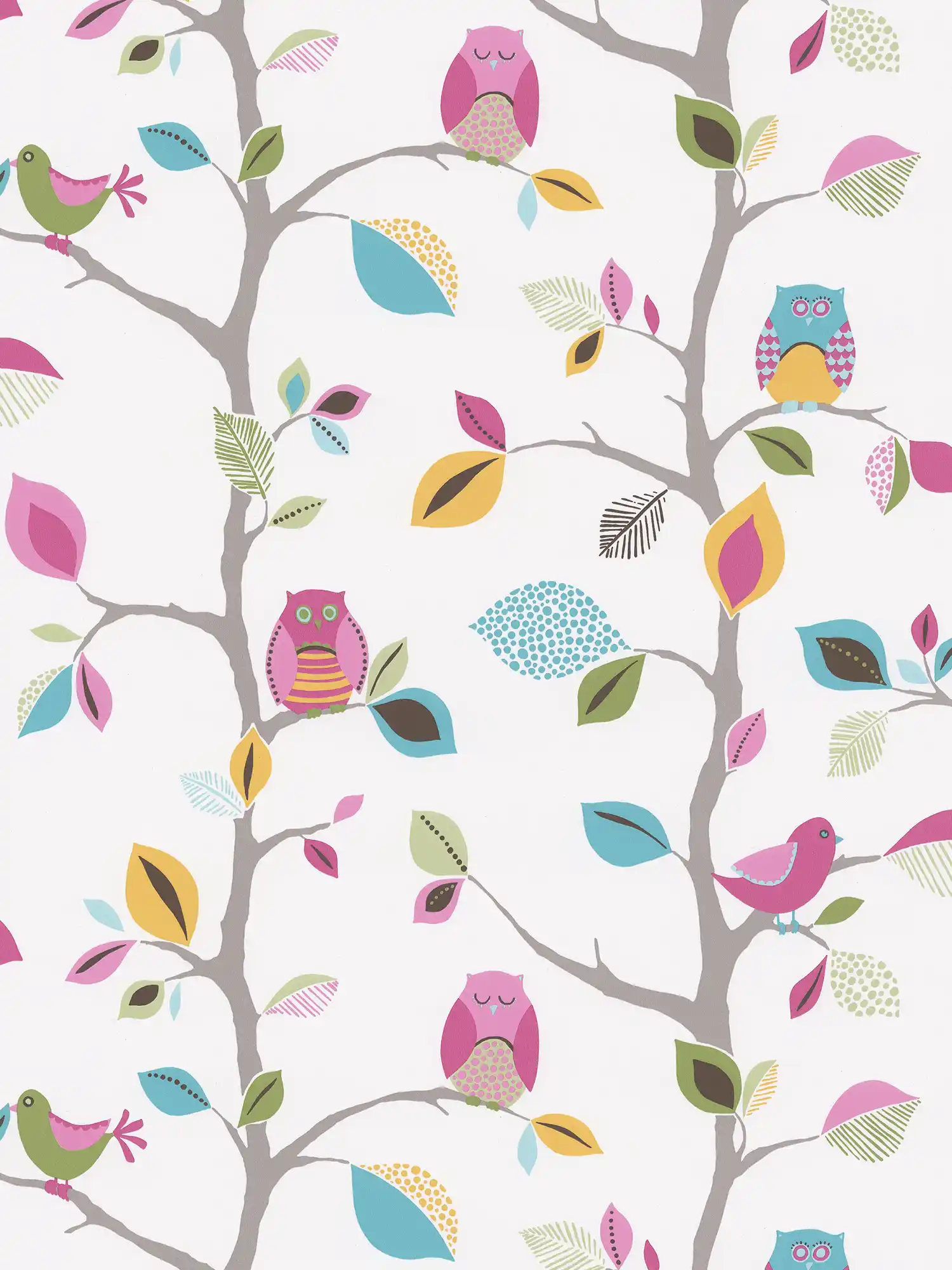         Nursery wallpaper paper with owls & birds - colourful, green
    