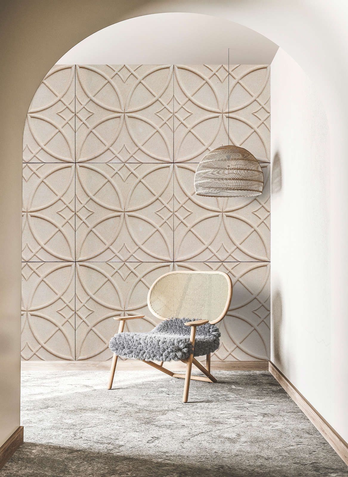             Photo wallpaper »circulus« - Circular pattern on tile look with 3D effect - Smooth, slightly shiny premium non-woven fabric
        