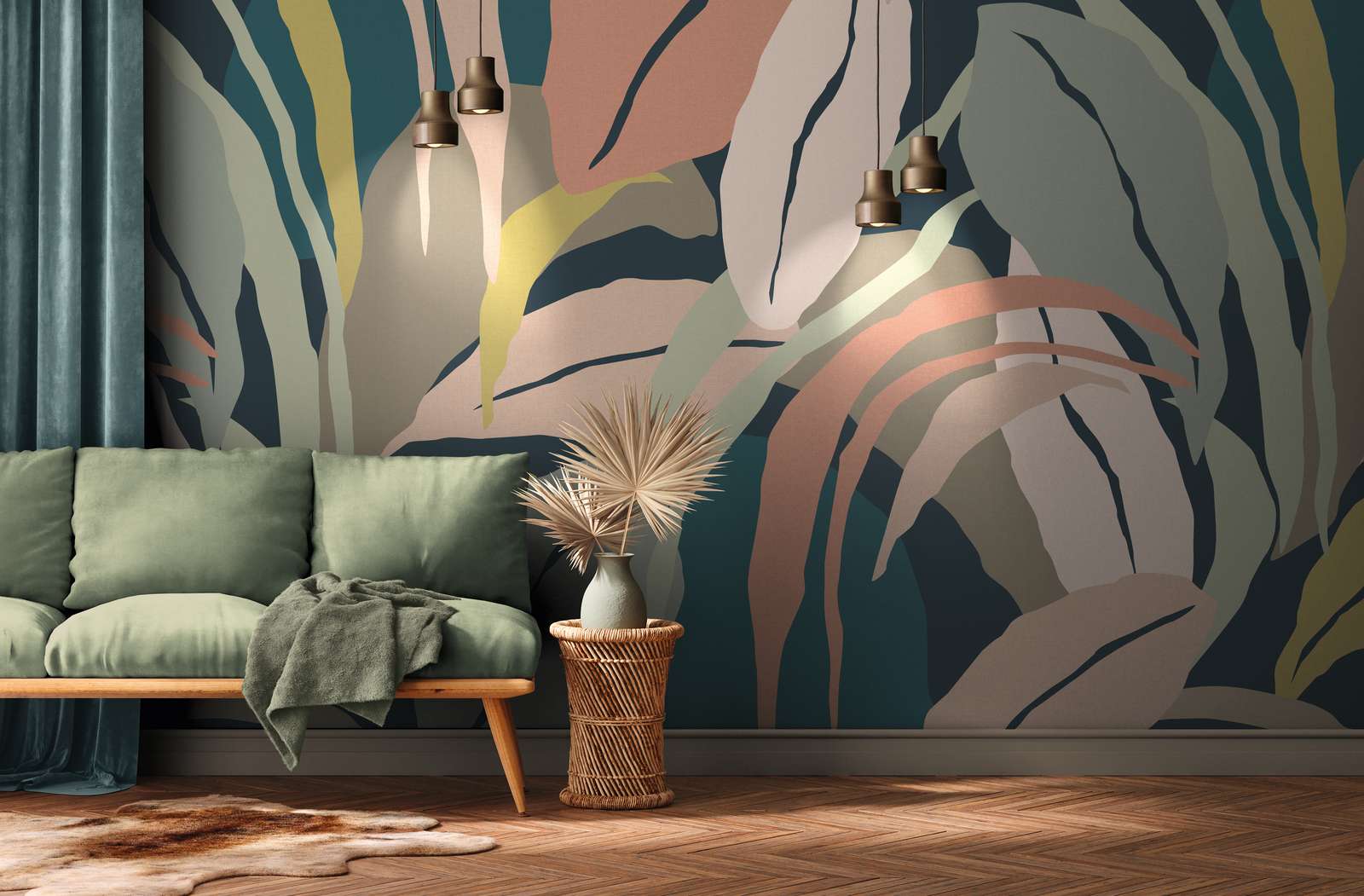             Papier peint avec motif abstrait de feuilles - beige, multicolore - intissé lisse mat
        