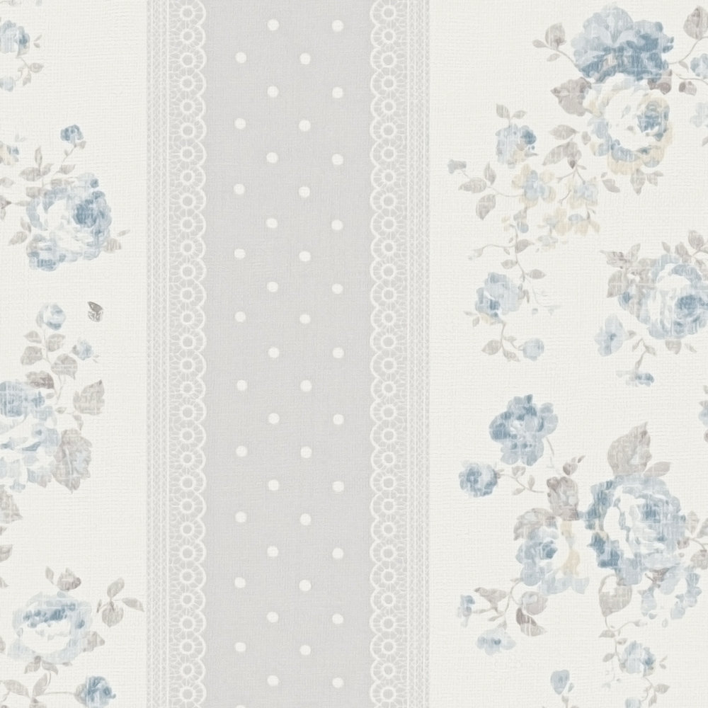             Papel pintado no tejido con rayas punteadas y florales - gris, blanco, azul
        