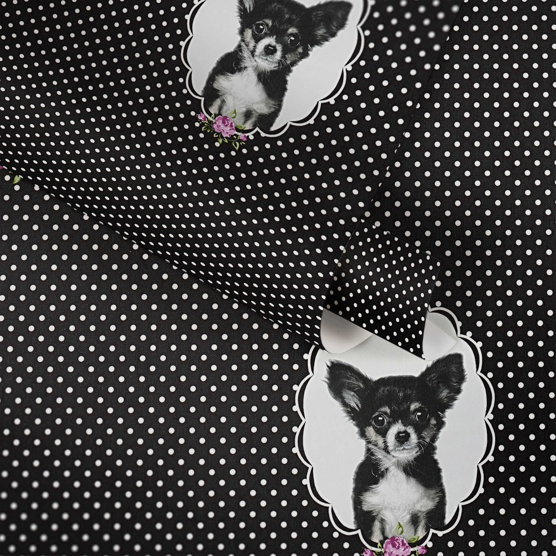             Wallpaper with dots & puppies for Nursery - Black
        