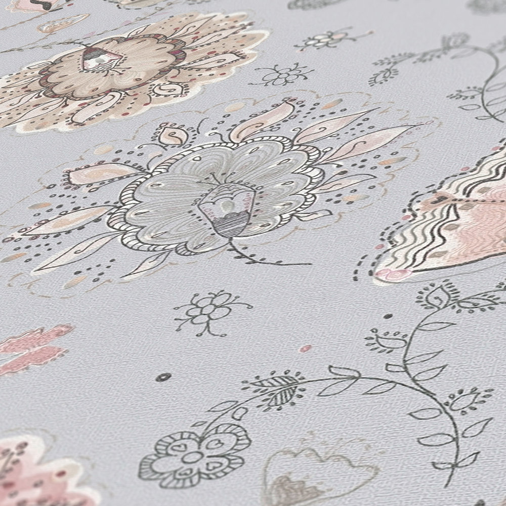             Papier peint intissé avec motif floral abstrait finement structuré - gris, beige, crème
        