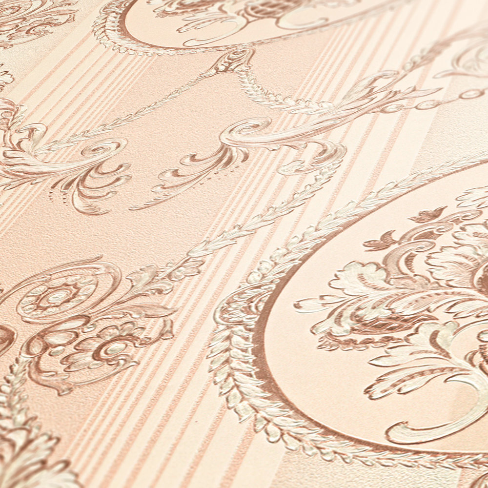             Neo-barok behang met ornamenteel patroon & strepen - crème, roze
        