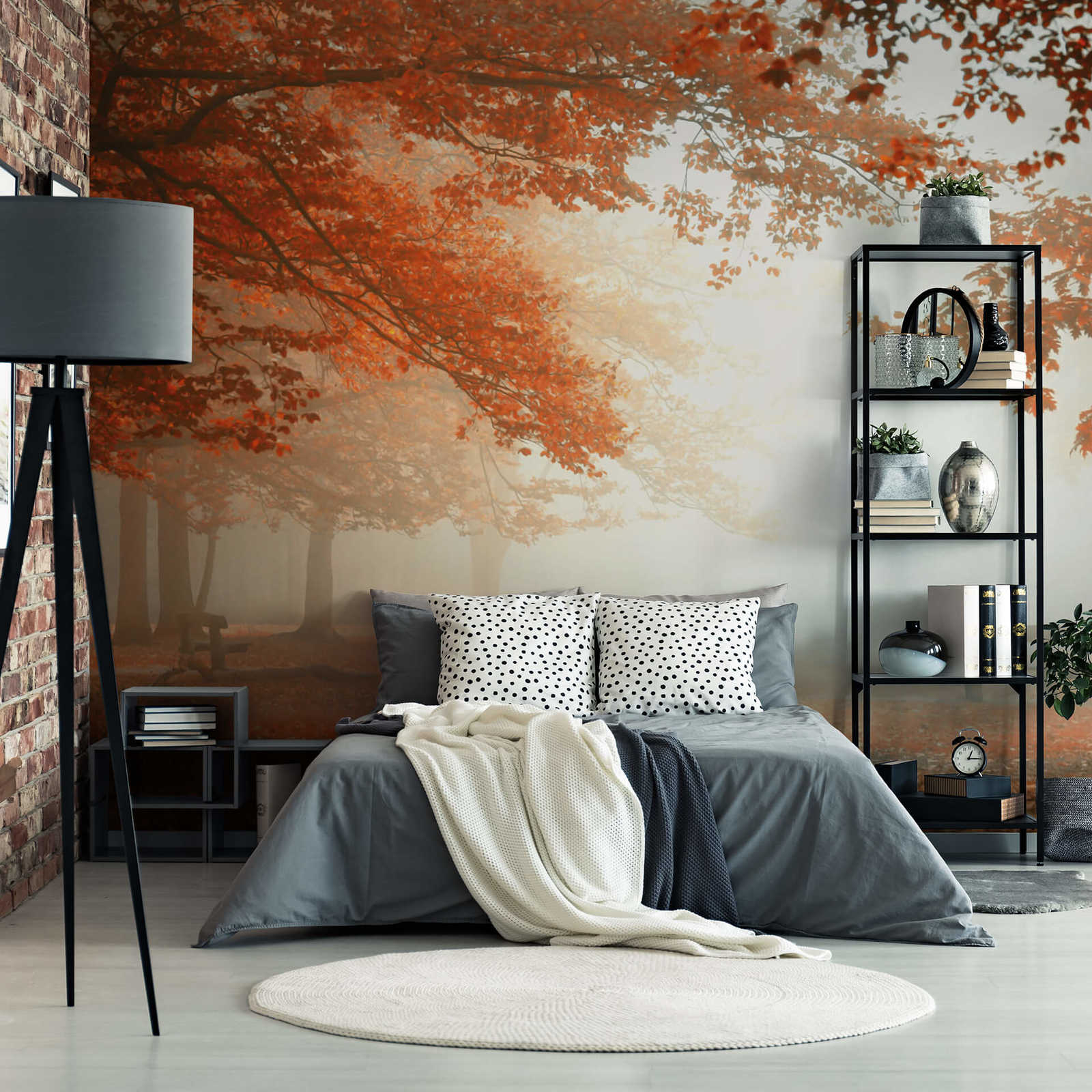             Autumn forest in the fog mural - orange, red, brown
        