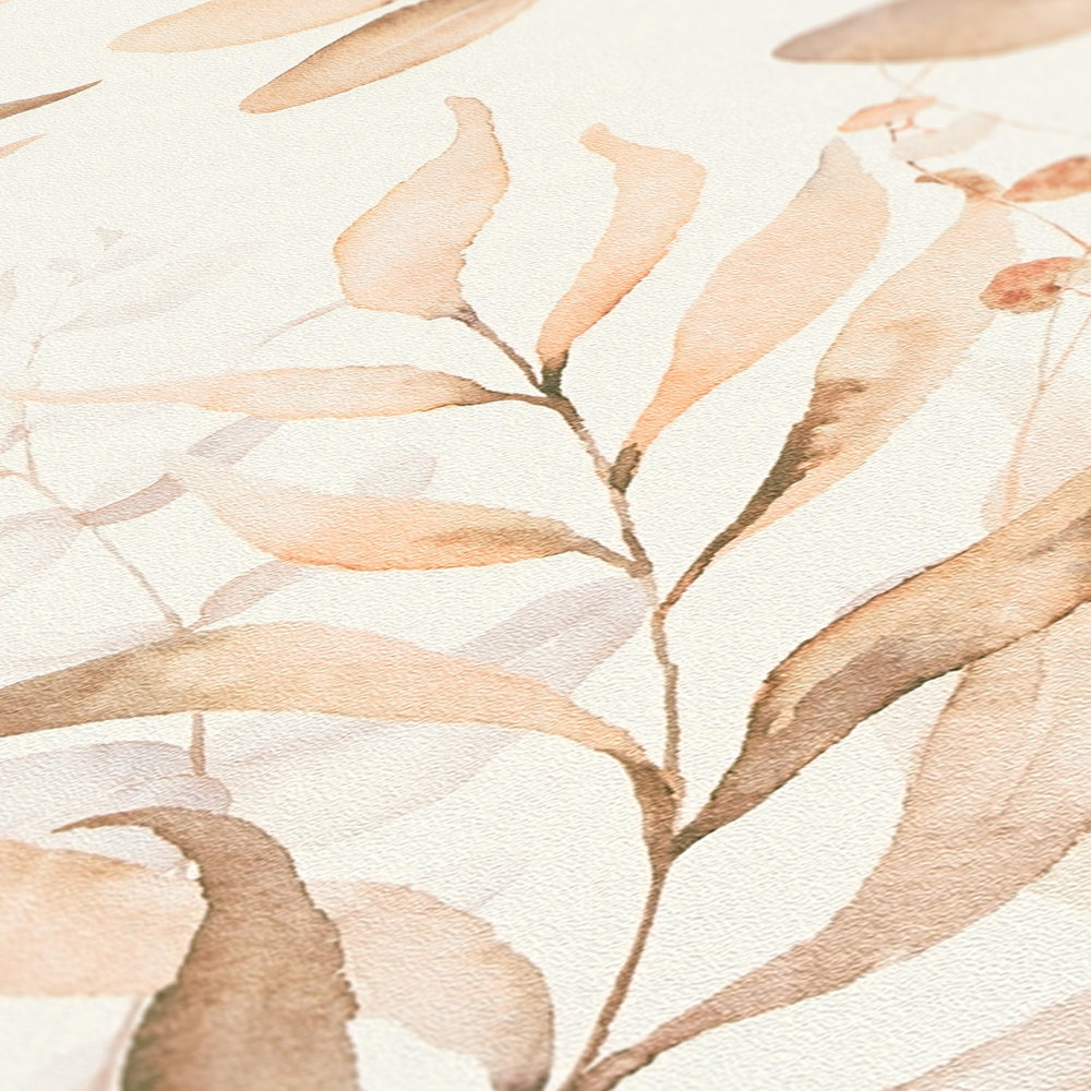             Carta da parati in tessuto non tessuto con motivo di foglie acquerellate in tonalità calde - crema, beige
        