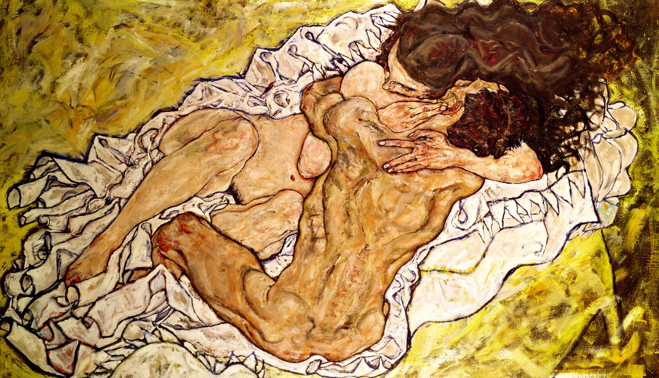             De omhelzing" muurschildering van Egon Schiele
        
