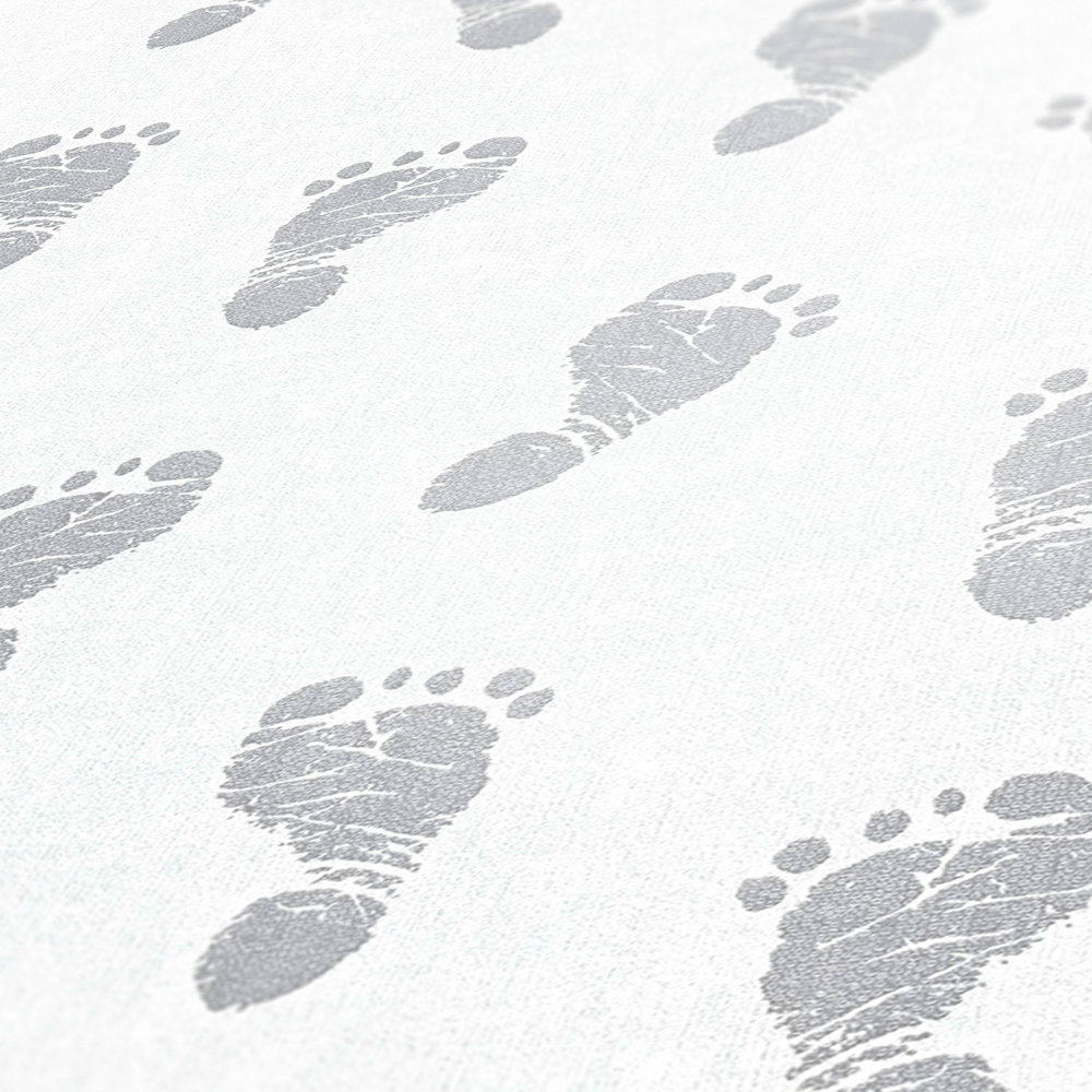             Papier peint bébé avec motif de pieds - métallique, blanc
        