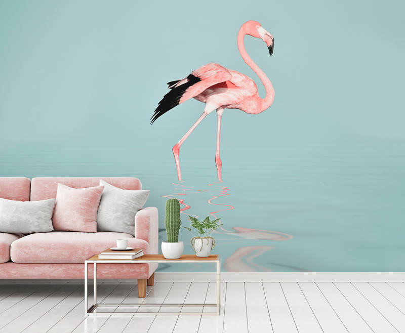             Photo wallpaper with flamingo in water - pink & turquoise
        