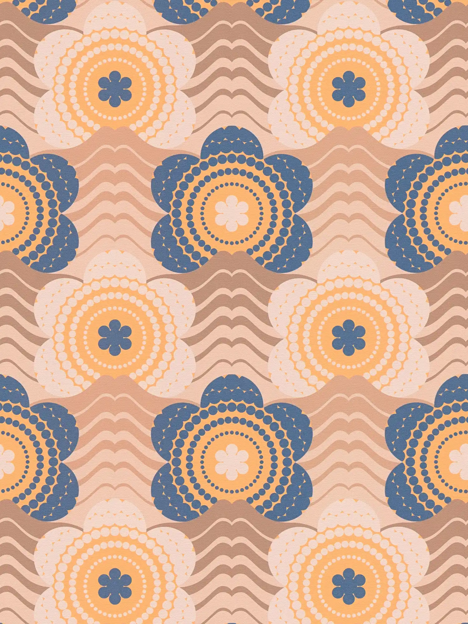 papier peint en papier légèrement structuré avec motifs de vagues et de fleurs - beige, marron, bleu
