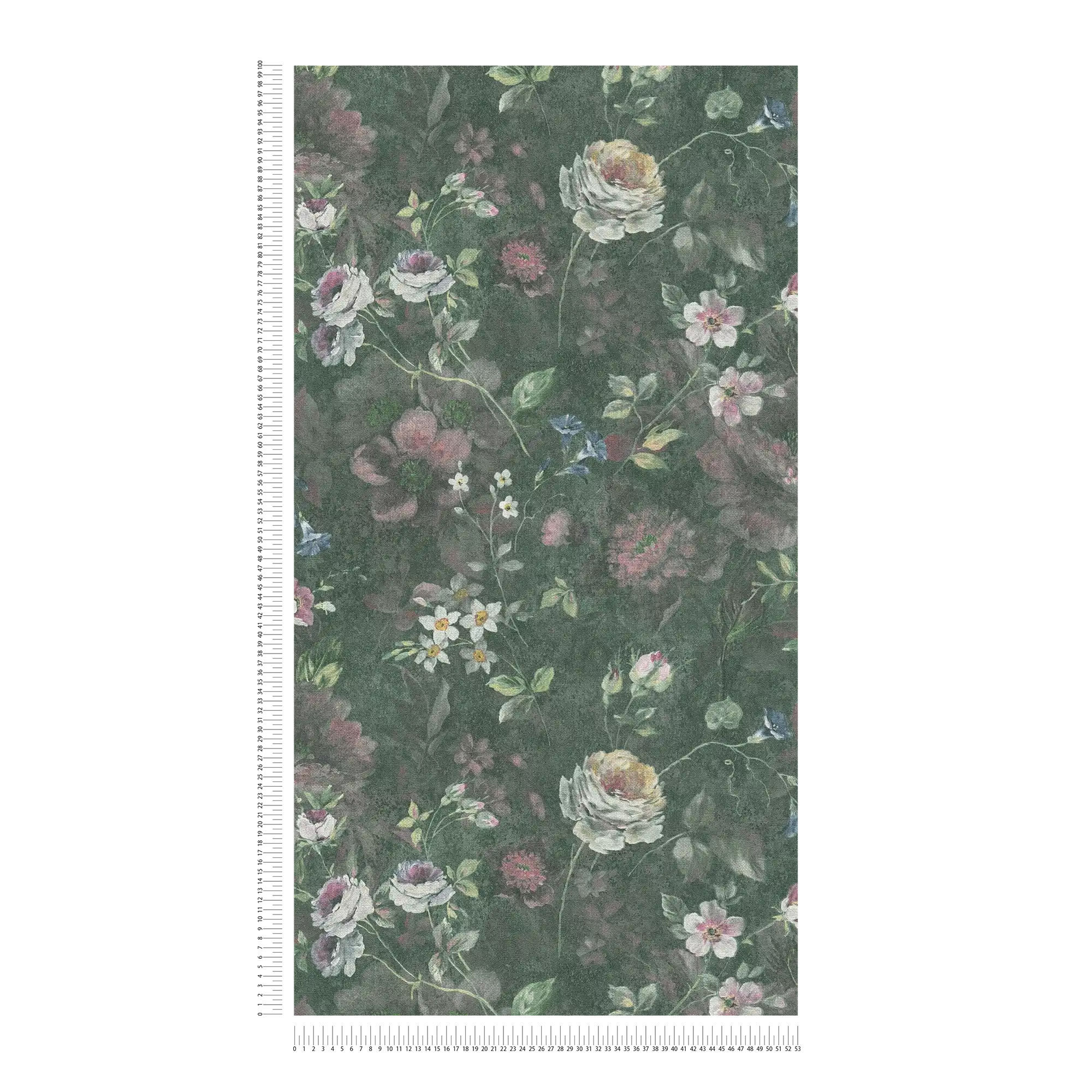             Carta da parati in tessuto non tessuto con motivo floreale dipinto senza PVC - verde, bianco, rosa
        