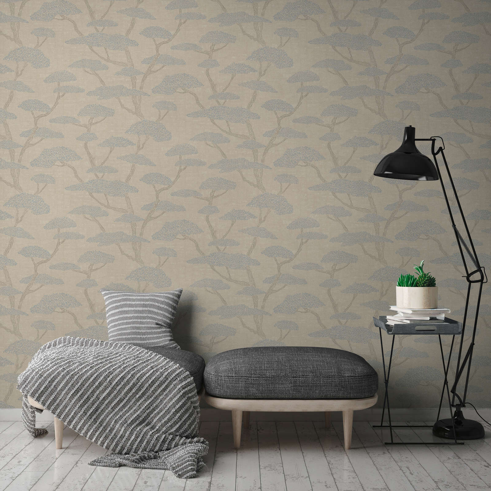             Beige wallpaper with abstract pine tree pattern
        