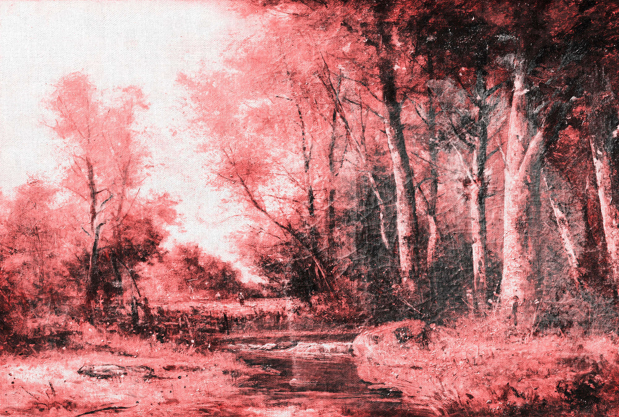             Pittura murale di paesaggio, panorama forestale - Rosa, bianco, nero
        