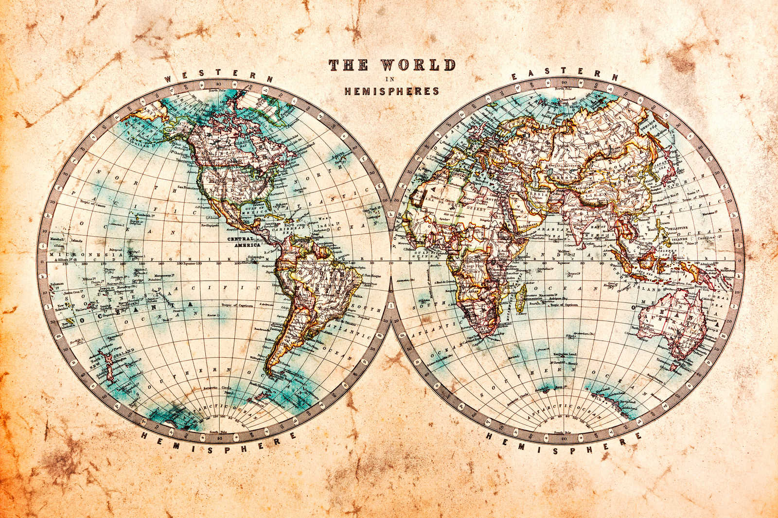             Toile avec carte du monde vintage en hémisphères | marron, beige, bleu - 0,90 m x 0,60 m
        