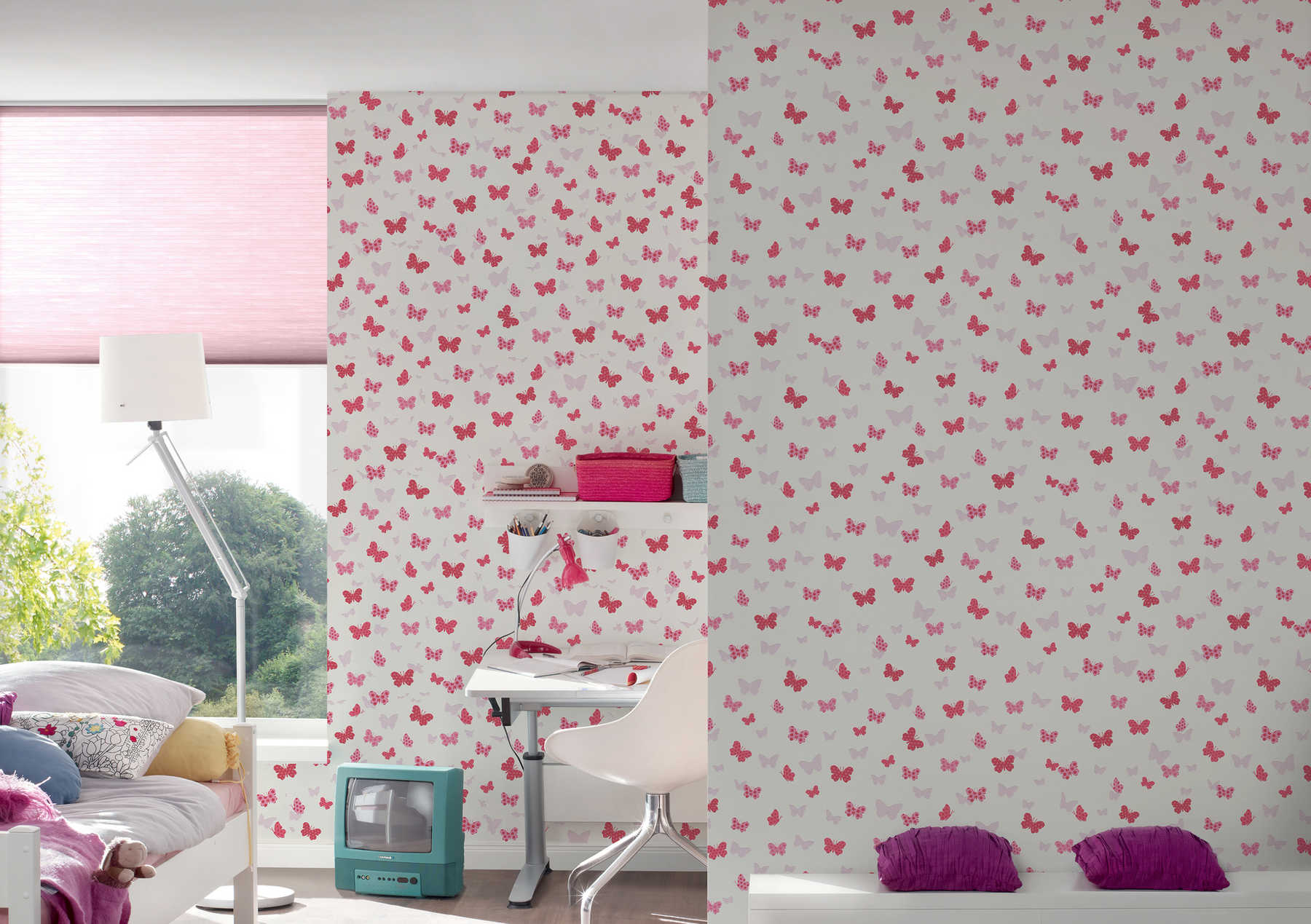             Papillon papier peint à motifs pour chambre d'enfant - blanc, rouge, rose
        