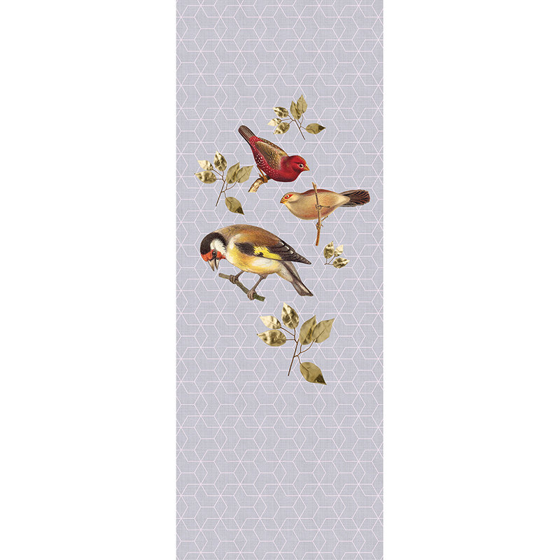 Birds Panel - panneau de photos avec oiseaux & motifs géométriques-À structure en lin naturel - Bleu, Violet | Intissé lisse mat
