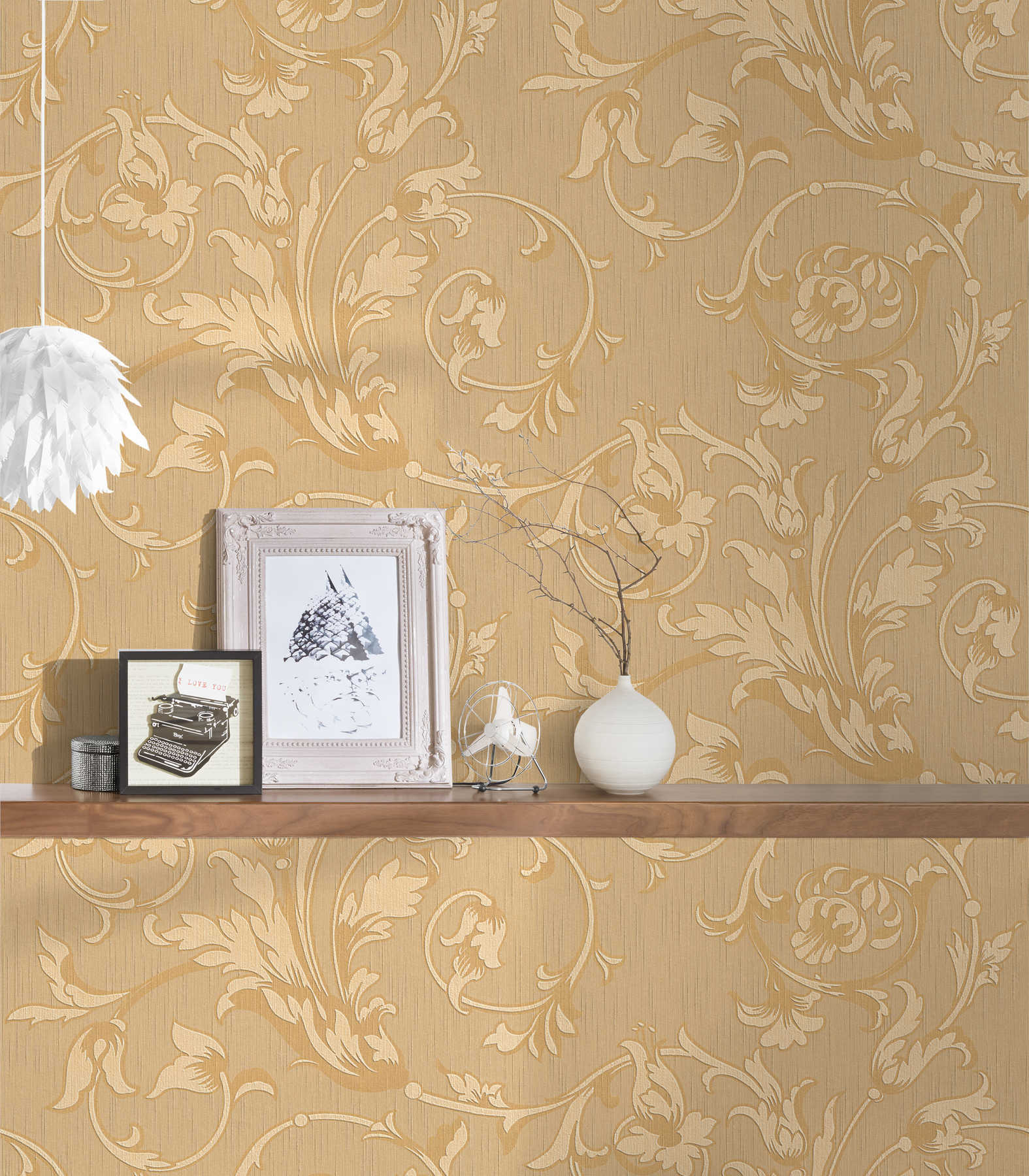             Baroque wallpaper with ornaments silk textile look - orange, beige
        