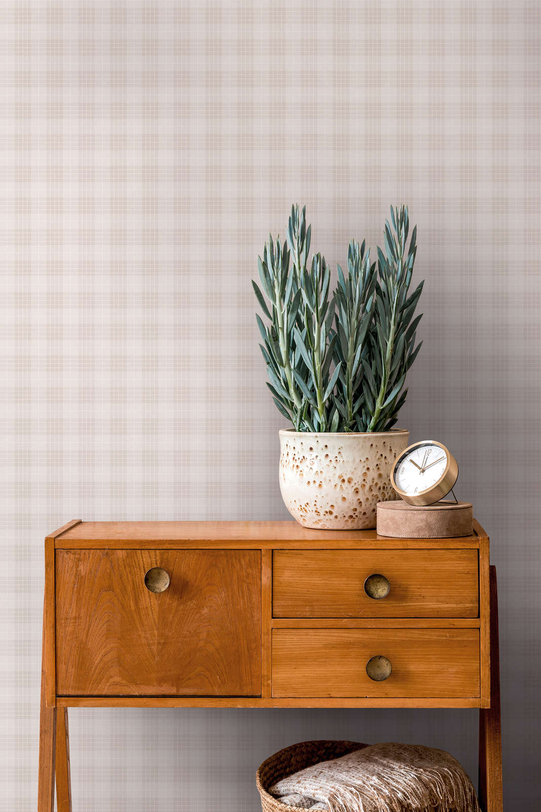             Non-woven wallpaper chequered with flannel fabric look - cream, white
        
