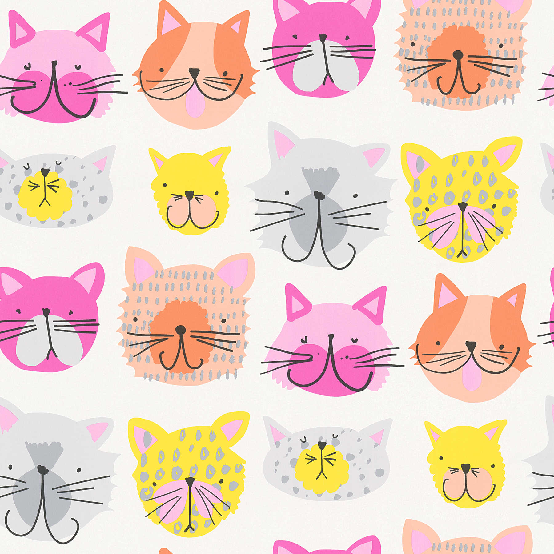 Colorful cat wallpaper in cartoon style for Nursery - pink, yellow
