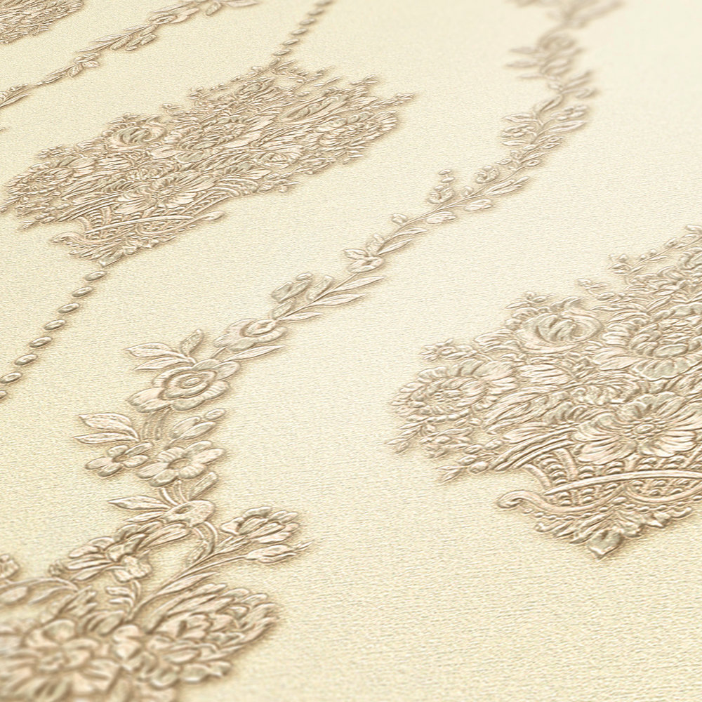            Papier peint opulent avec décor métallique & ornements floraux - beige
        