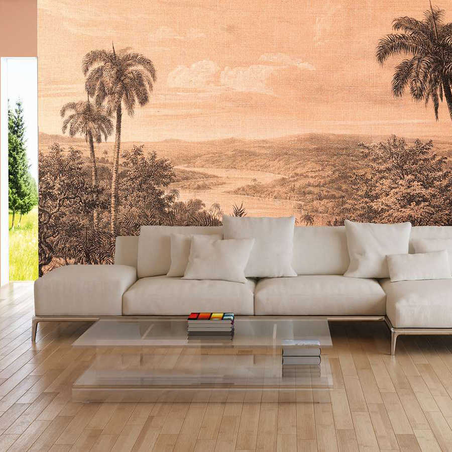 Papier peint panoramique Vue sur la forêt tropicale à l'aspect de la structure du lin - beige, noir
