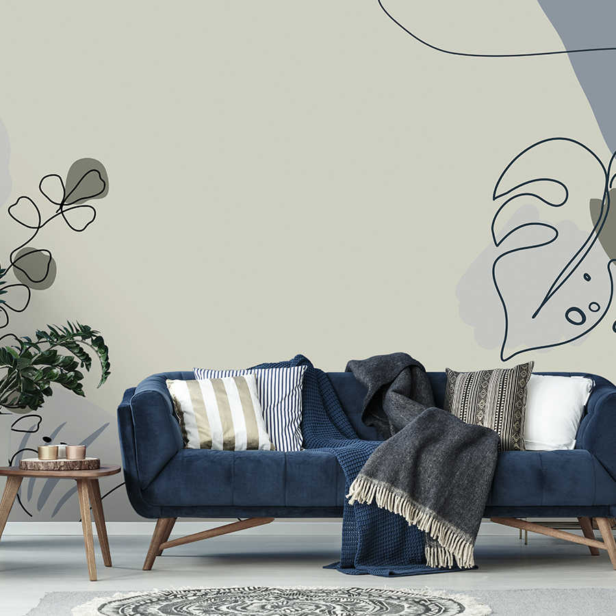 Leaves mural with abstract line pattern - cream, blue
