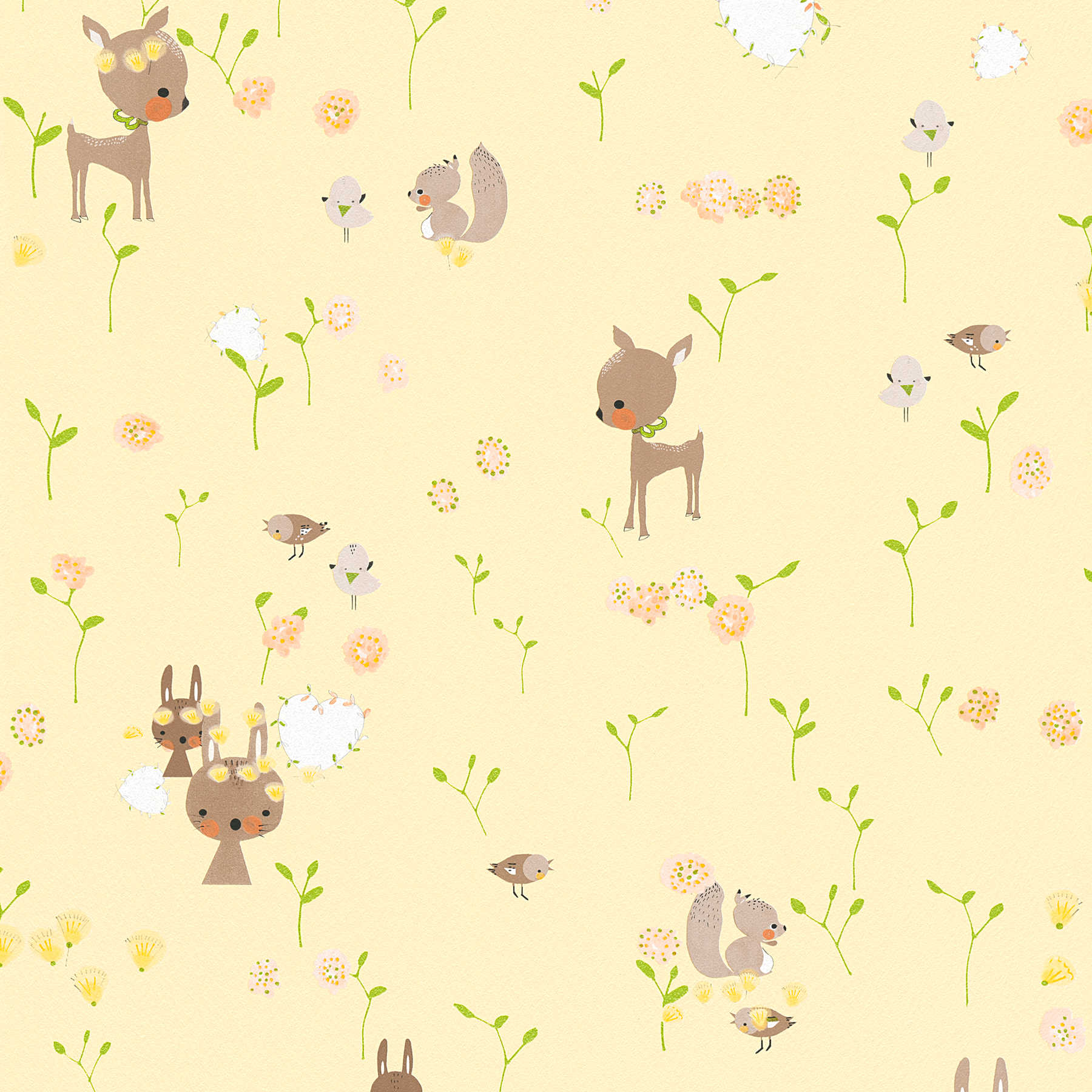 Papel pintado con animales del bosque para la habitación del bebé y de los niños - Amarillo, Verde
