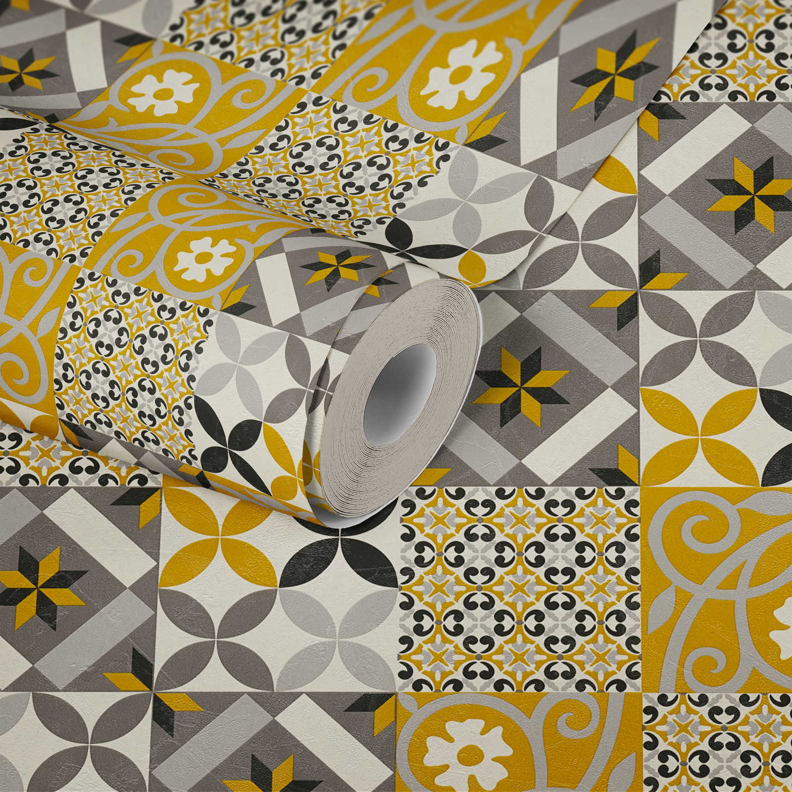             Wallpaper Decor tiles & floral pattern - black, yellow, anthracite
        