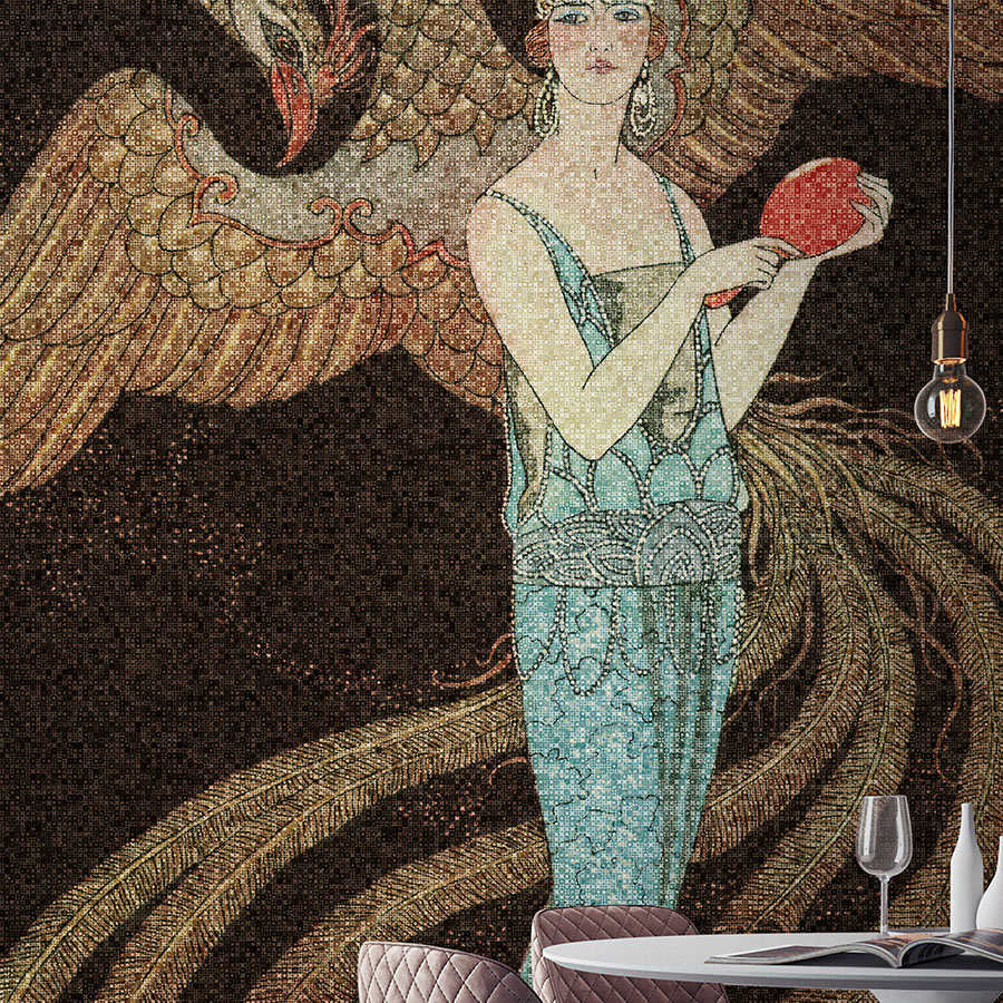 Scala 1 - Carta da parati Art Deco a mosaico con fenice e donna
