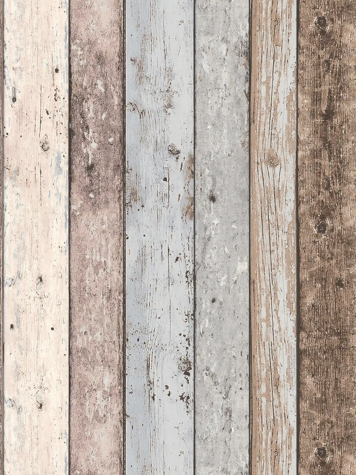 Wallpaper wood look rusitkale boards in vintage look - brown, blue, beige
