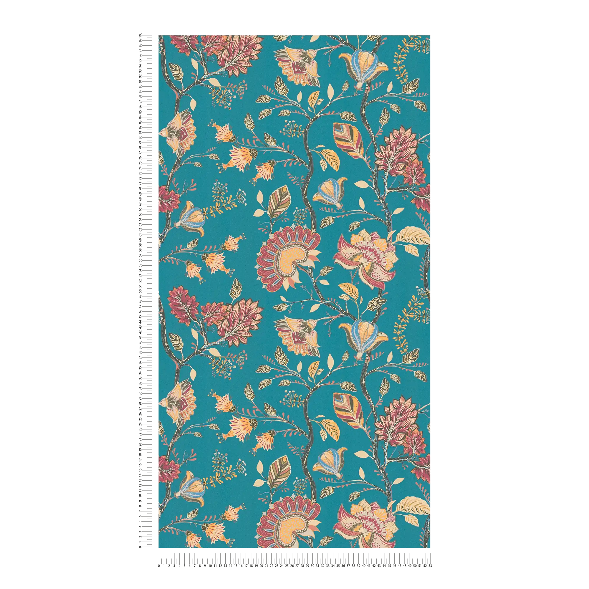             Non-woven wallpaper with floral colourful pattern - blue, yellow, red
        