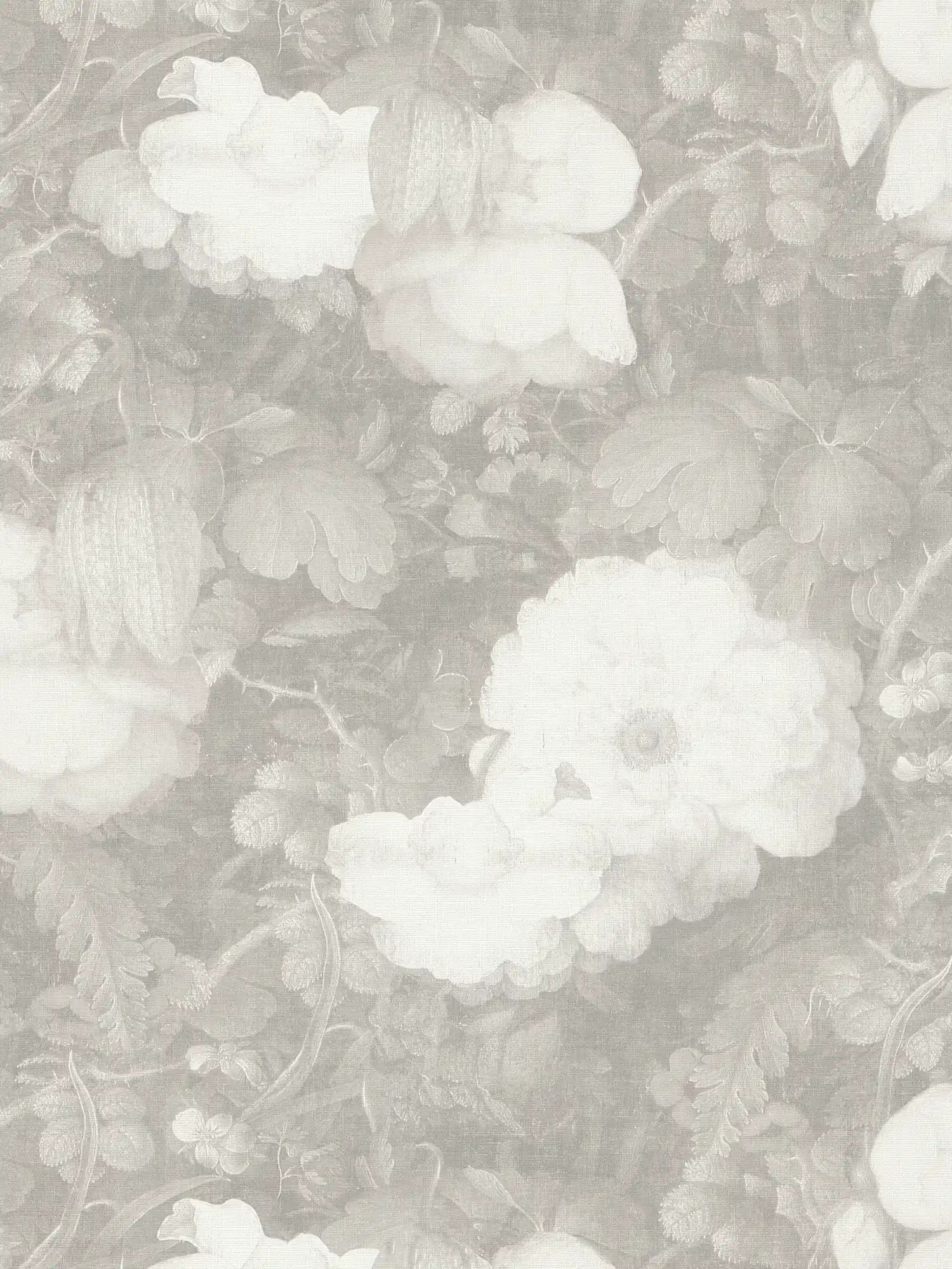 Papier peint à fleurs style tableau, aspect canevas - gris, blanc
