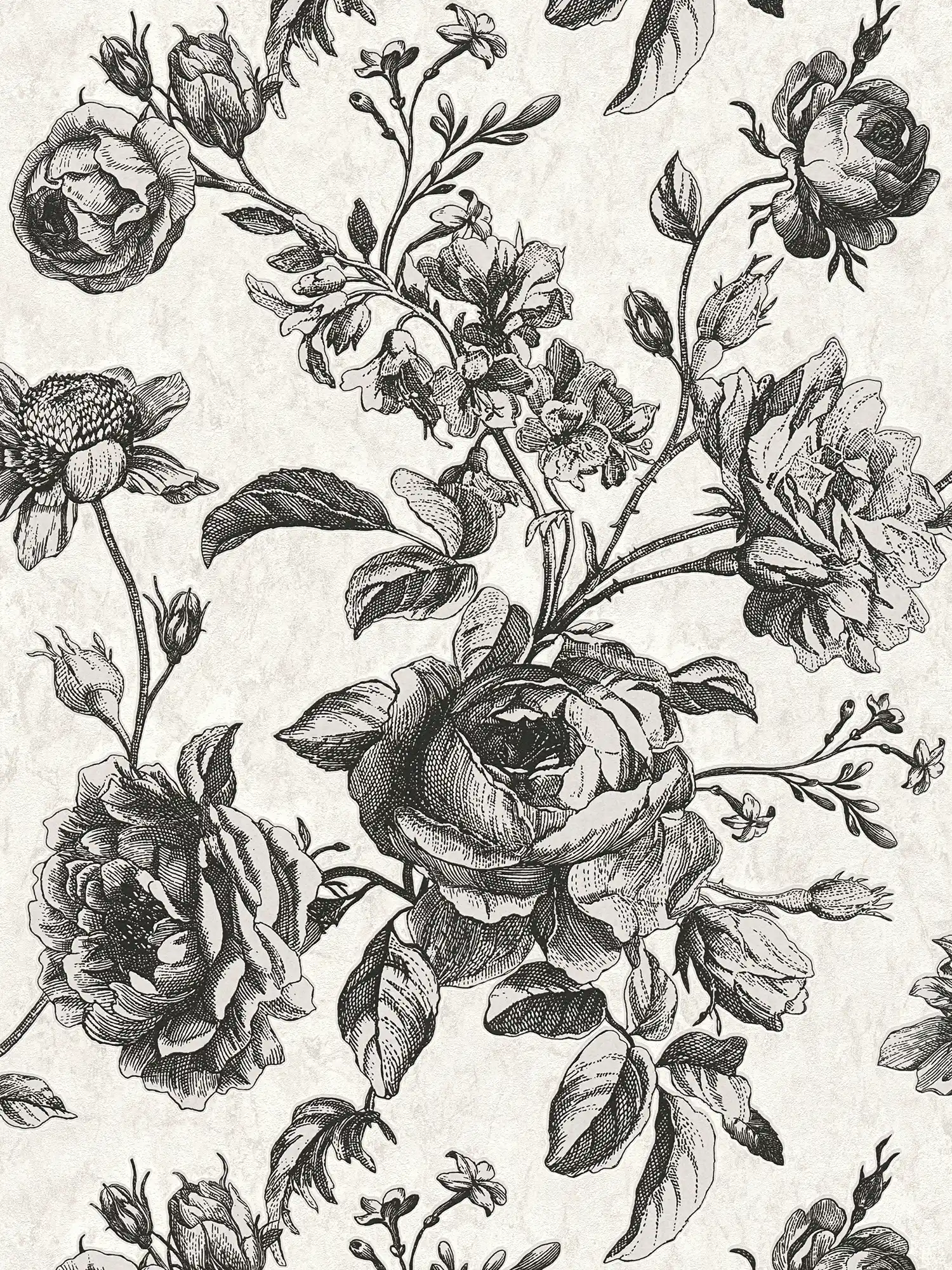 Zwart-crème behang rozen bloemenpatroon - wit, zwart, grijs
