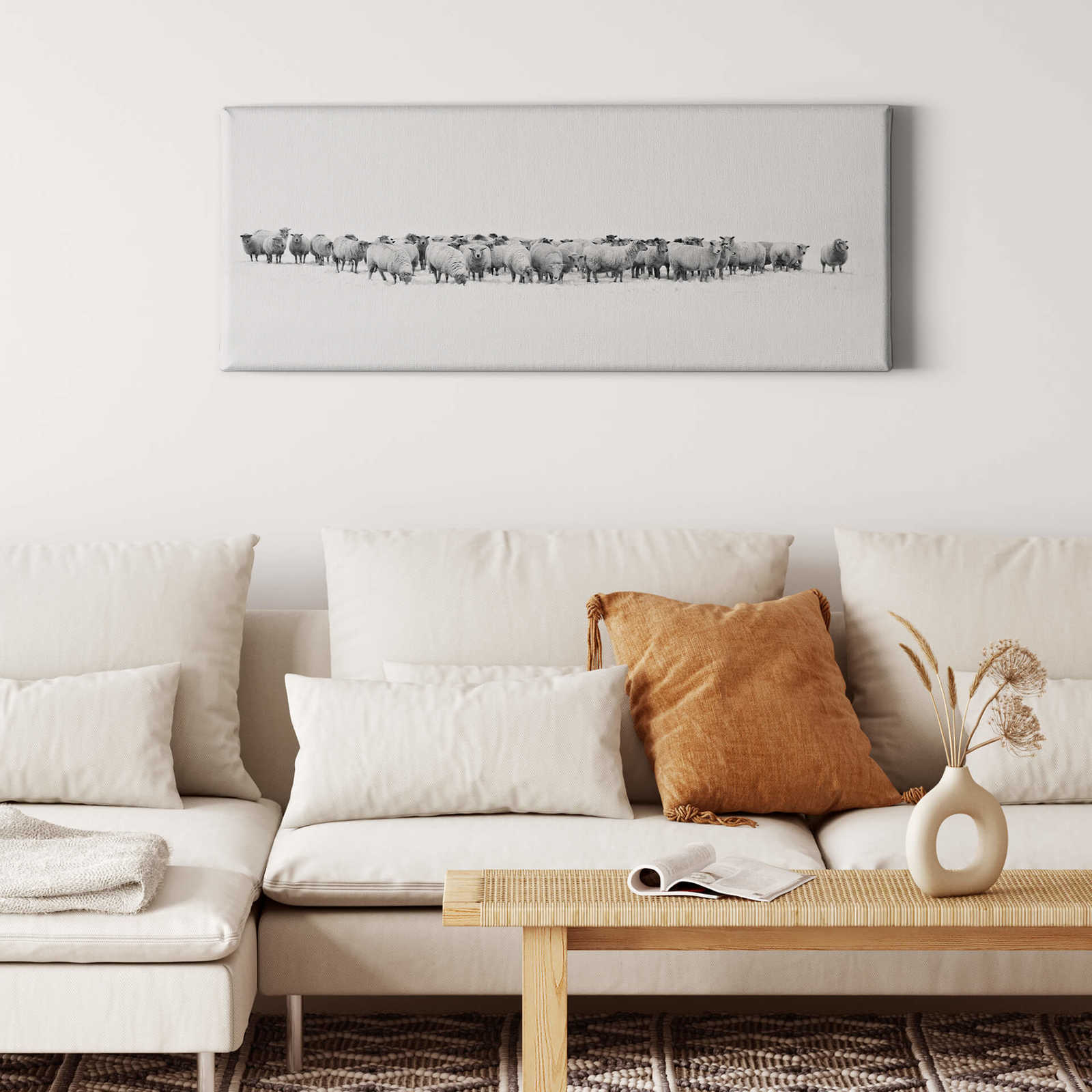             Tableau panoramique sur toile Troupeau de moutons en blanc - 1,00 m x 0,40 m
        