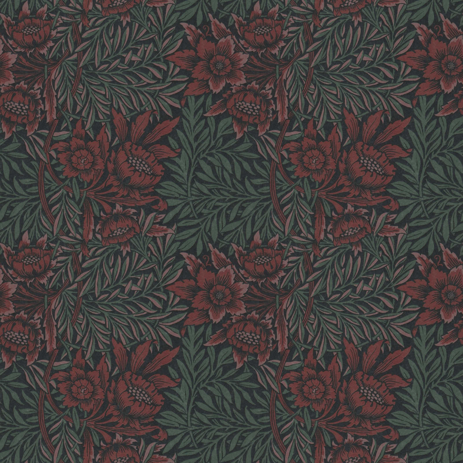        Non-woven wallpaper with floral pattern large flower and tendrils - green, red, black
    