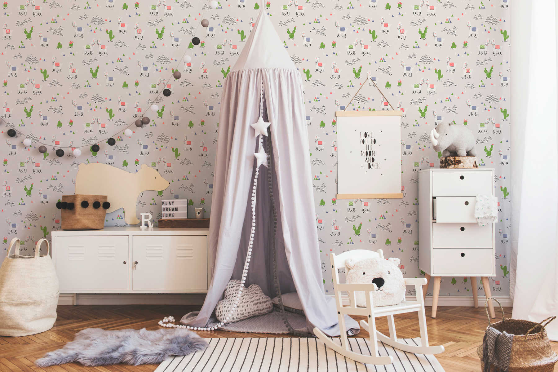             Kinderkamer behang lama kleurrijk patroon & textiel look- Grijs,
        