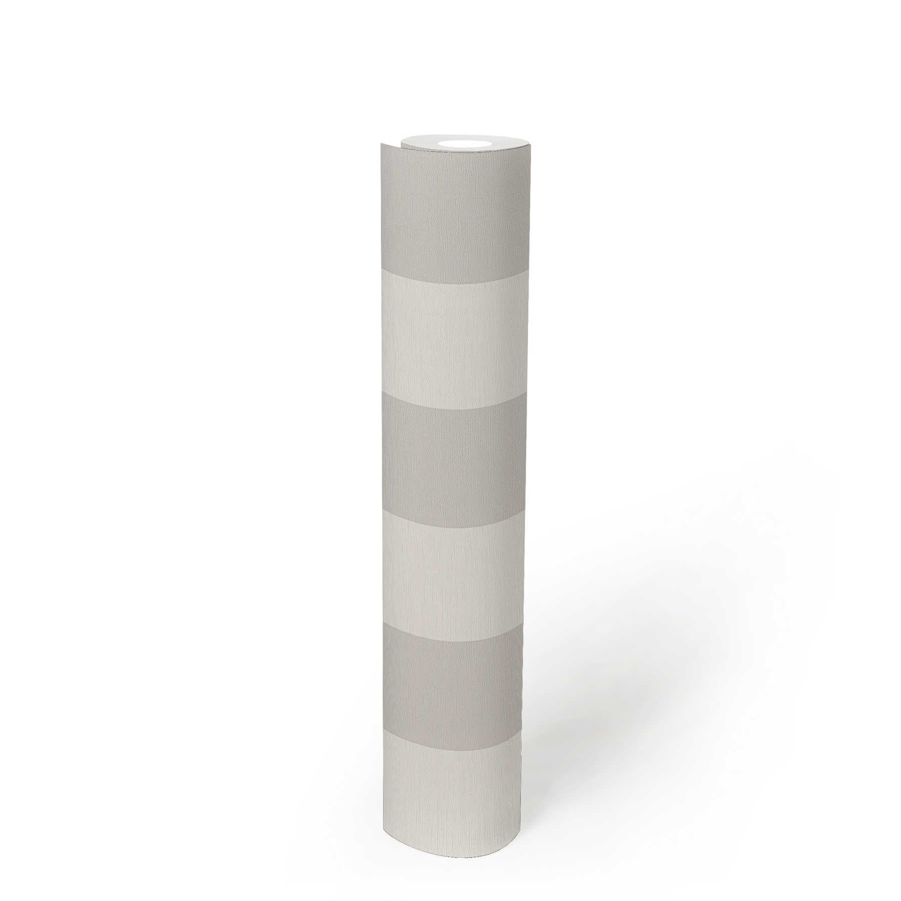             Carta da parati a righe a blocchi con aspetto tessile per un design giovane - grigio, bianco
        